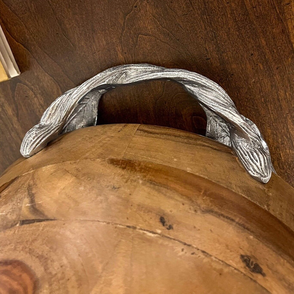 Pier 1 Large 14in Teak Wood Serving Bowl w/Silver Leaf Handles - Picture 7 of 8